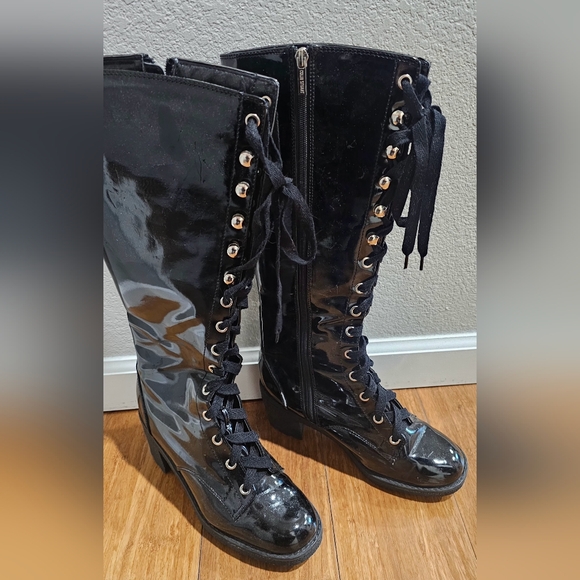 Colin Stuart Shiny Black Lace-Up Boots - Picture 1 of 4